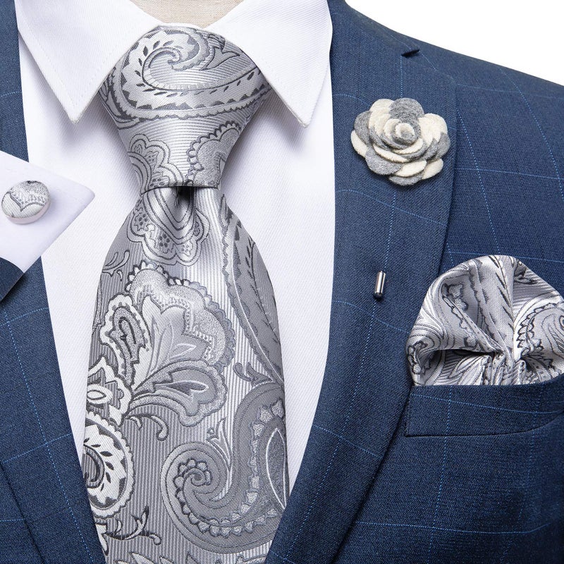 DiBanGu Silk Ties for Men Necktie and Lapel Pin Brooch Set Formal Woven Paisley Plaid Striped Solid Tie Wedding Party, Silver Grey - Image 3